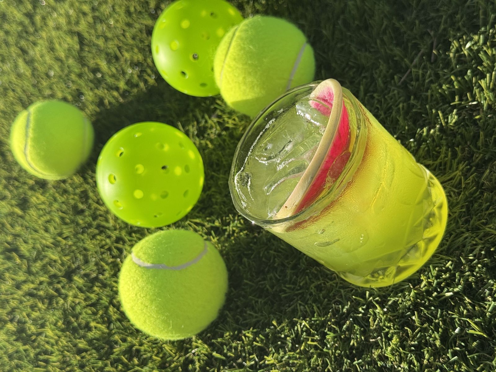 A cocktail on the turf beside tennis balls and pickleballs at RacFit in Buda, Texas
