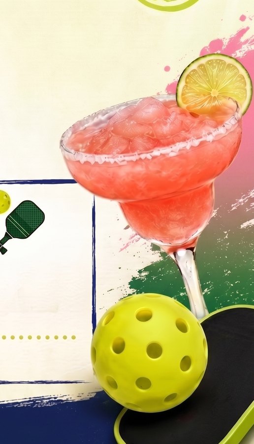 Frozen margarita beside a pickleball and paddle, from the Dinks and Drinks mixer at RacFit in Buda, Texas