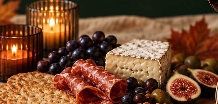 Charcuterie board with cheese, figs, grapes and candlelight, from The Fall Pour wine evening at RacFit in Buda, Texas