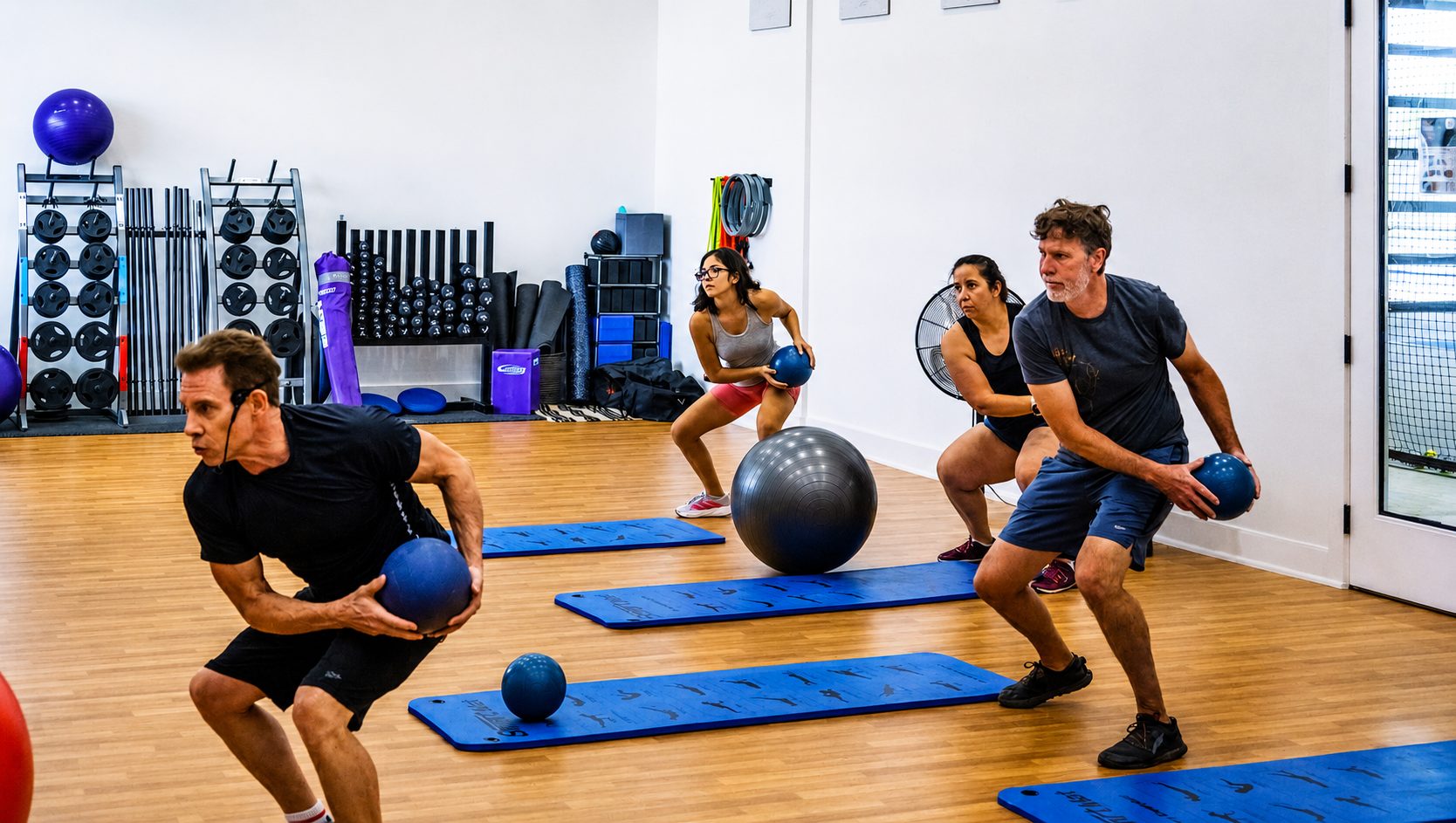 Group fitness class working out with medicine balls in the studio at RacFit in Buda, Texas