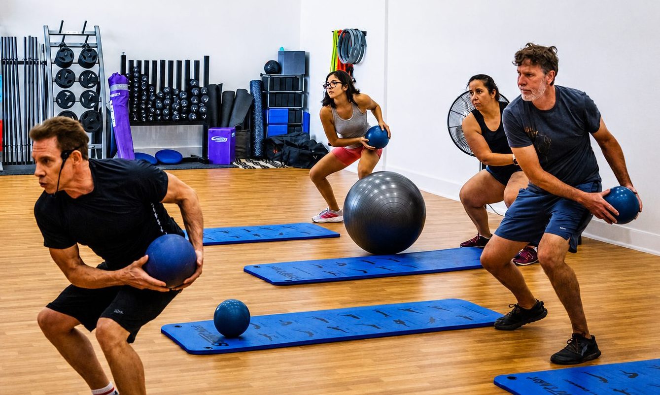 Group fitness class training with medicine balls in the studio at RacFit in Buda, Texas
