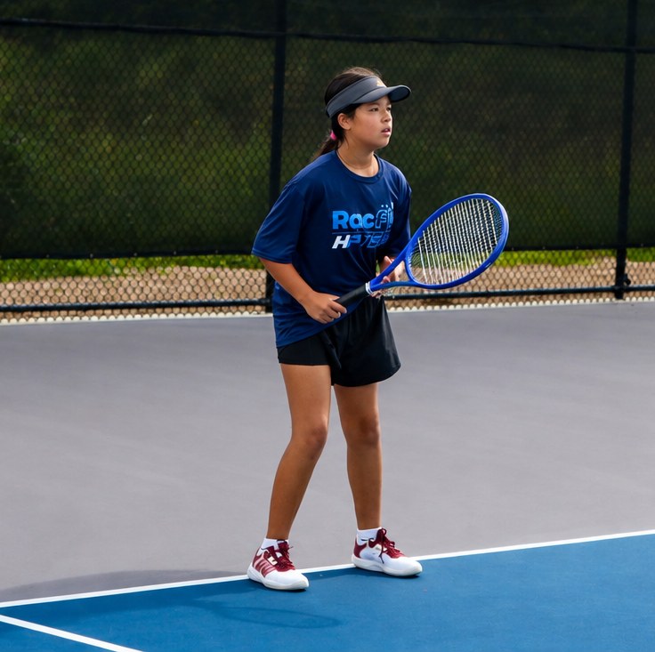 High Performance junior waiting in the ready position on the outdoor courts at RacFit in Buda, Texas