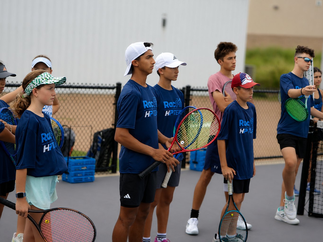 Junior High Performance team players in RacFit HP Team shirts lined up on court at RacFit in Buda, Texas