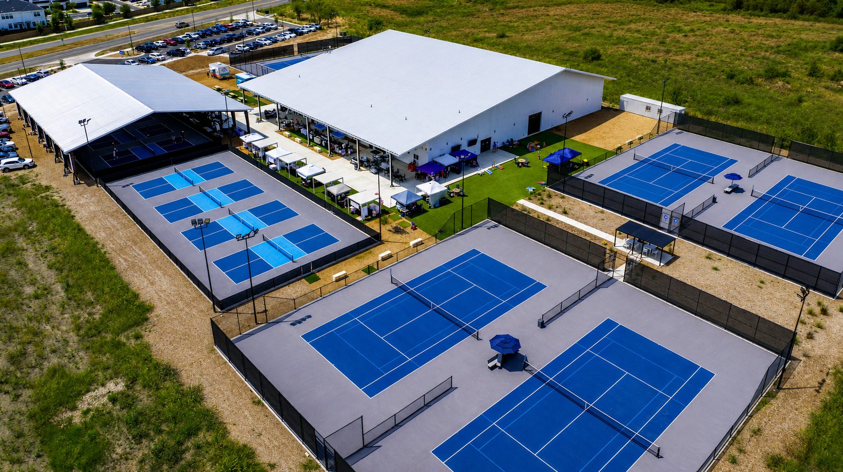 Aerial view of the RacFit tennis, pickleball and fitness club in Buda, Texas