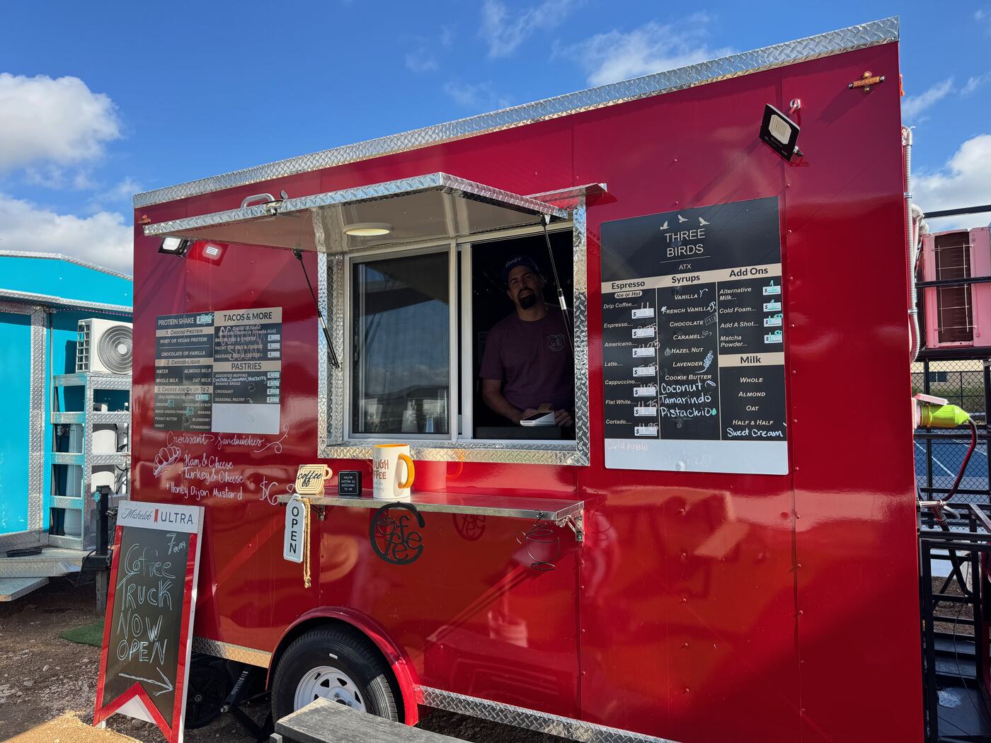 Three Birds Coffee serving on site at RacFit in Buda, Texas