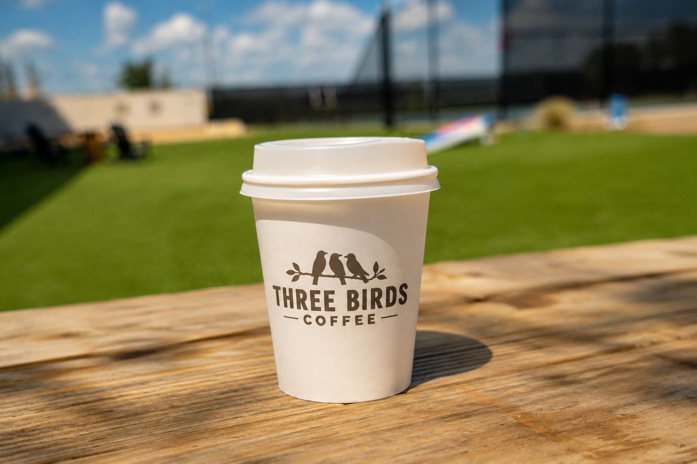 A Three Birds Coffee cup on a picnic table beside the courts at RacFit in Buda, Texas
