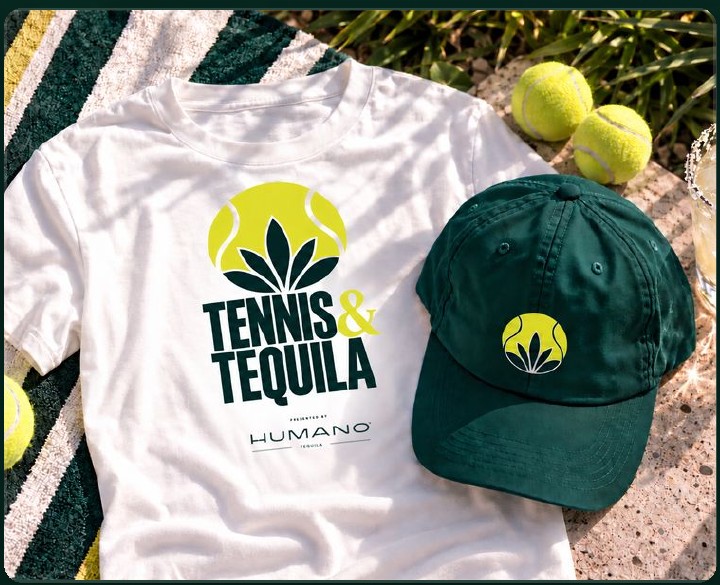 Tennis & Tequila event t-shirt and cap laid out beside tennis balls on court