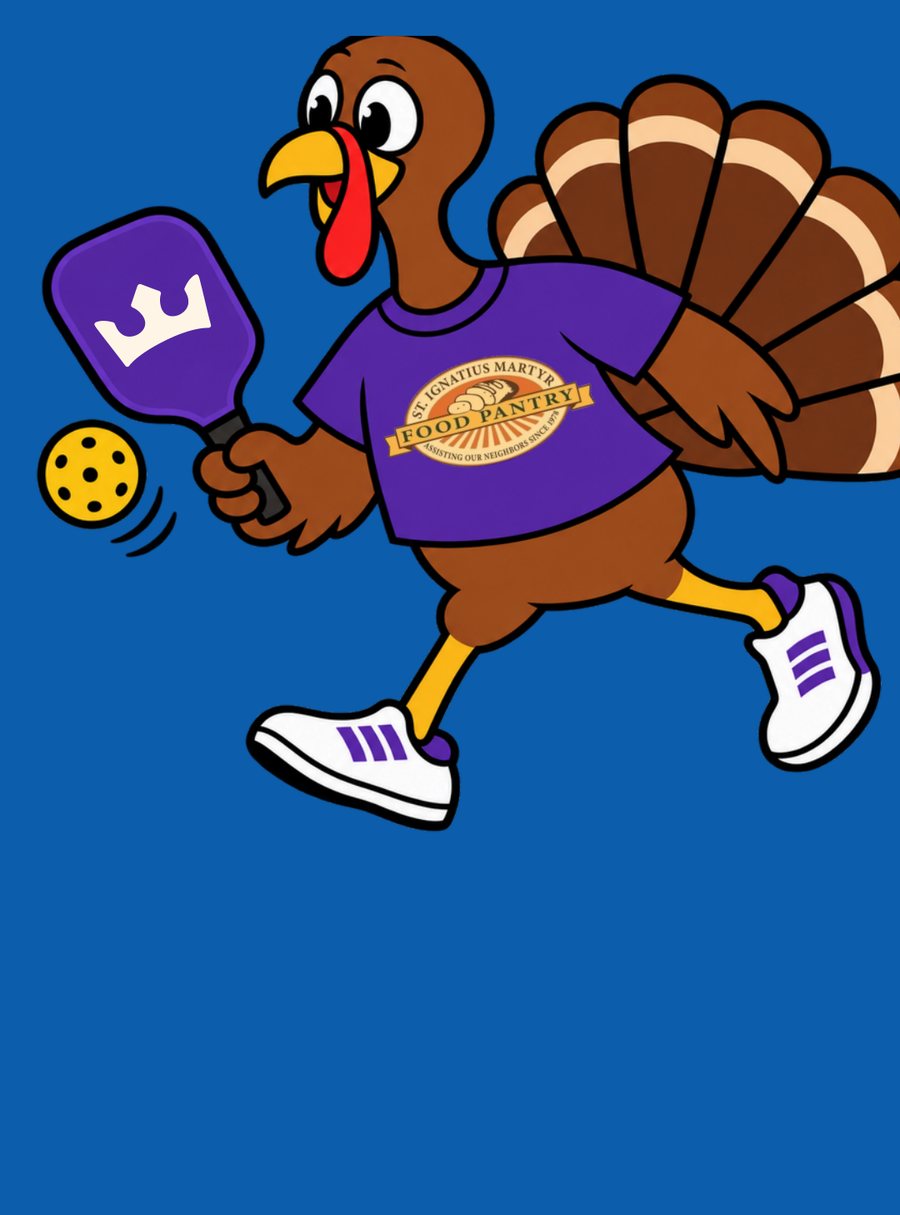 Cartoon turkey running with a pickleball paddle, the Turkey Bowl mascot, wearing a St. Ignatius Food Pantry shirt