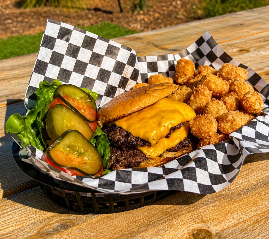 Cheeseburger and tater tots from Yachties at RacFit in Buda, Texas
