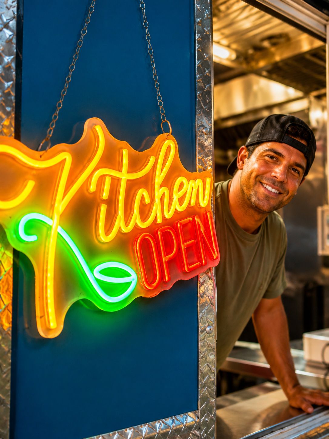 Yachties staff leaning out of the truck window beside the Kitchen Open neon sign at RacFit in Buda, Texas