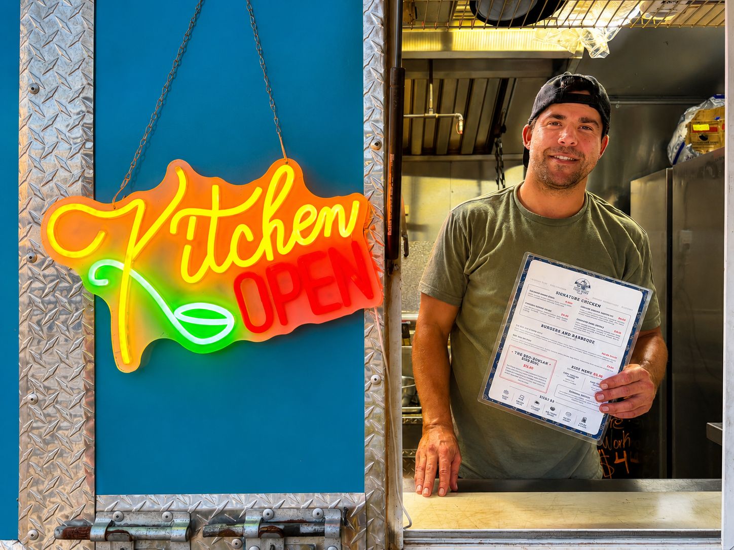 Yachties staff holding the menu at the truck window under the Kitchen Open sign at RacFit in Buda, Texas