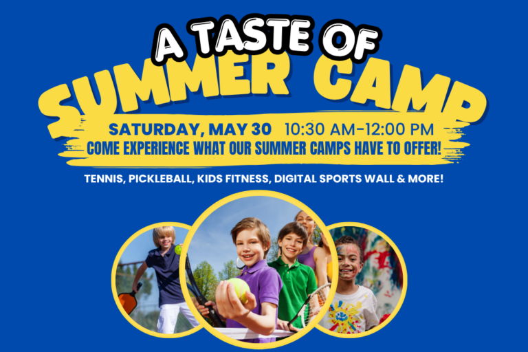 Summer camp event flyer with kids playing sports