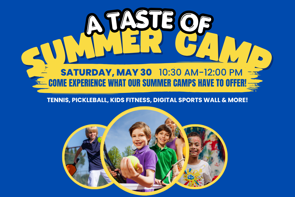 Summer camp event flyer with kids playing sports