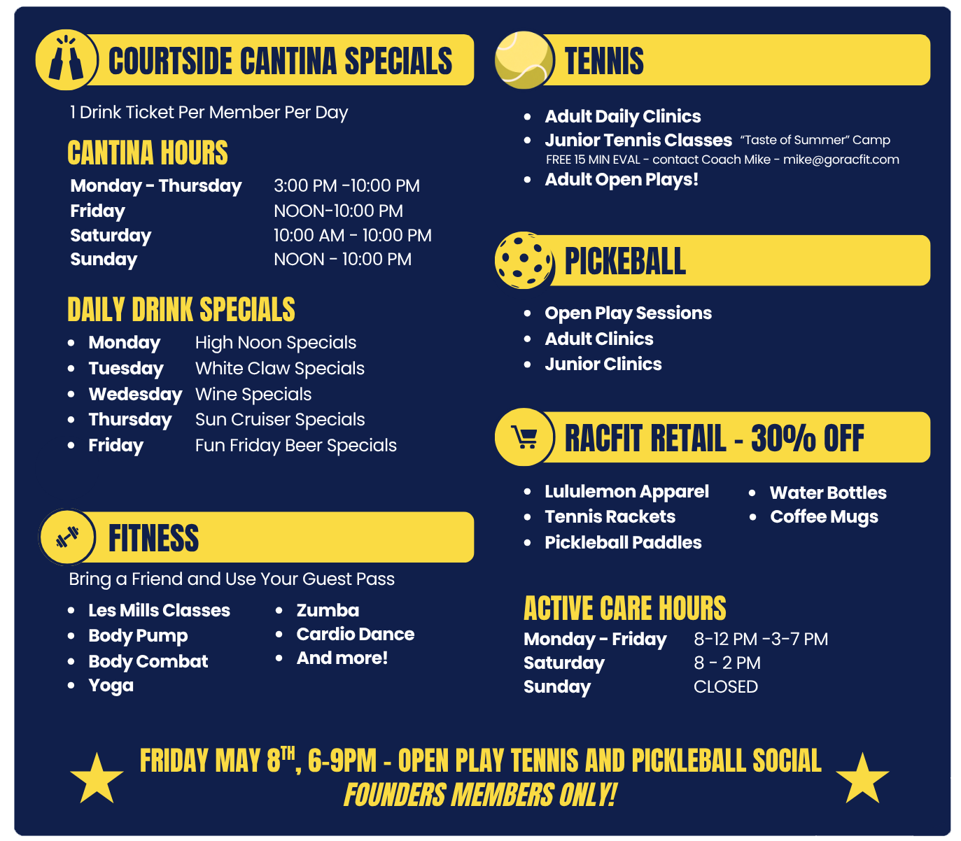 RacFit club specials, classes, and hours flyer