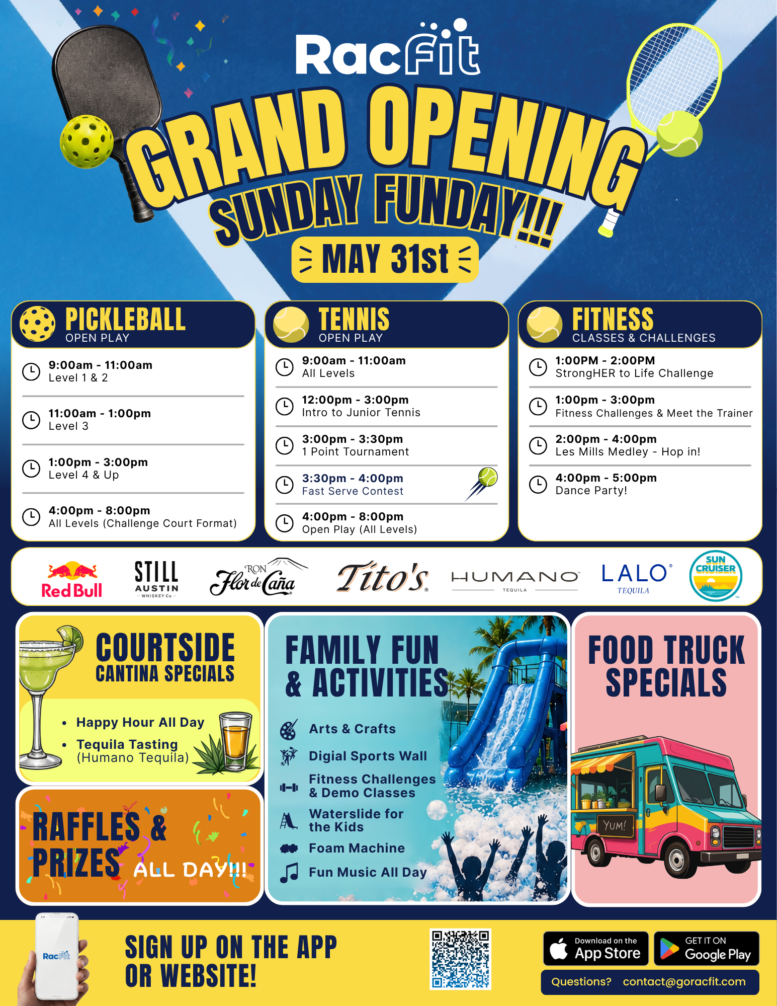 RacFit Grand Opening Sunday Funday event flyer
