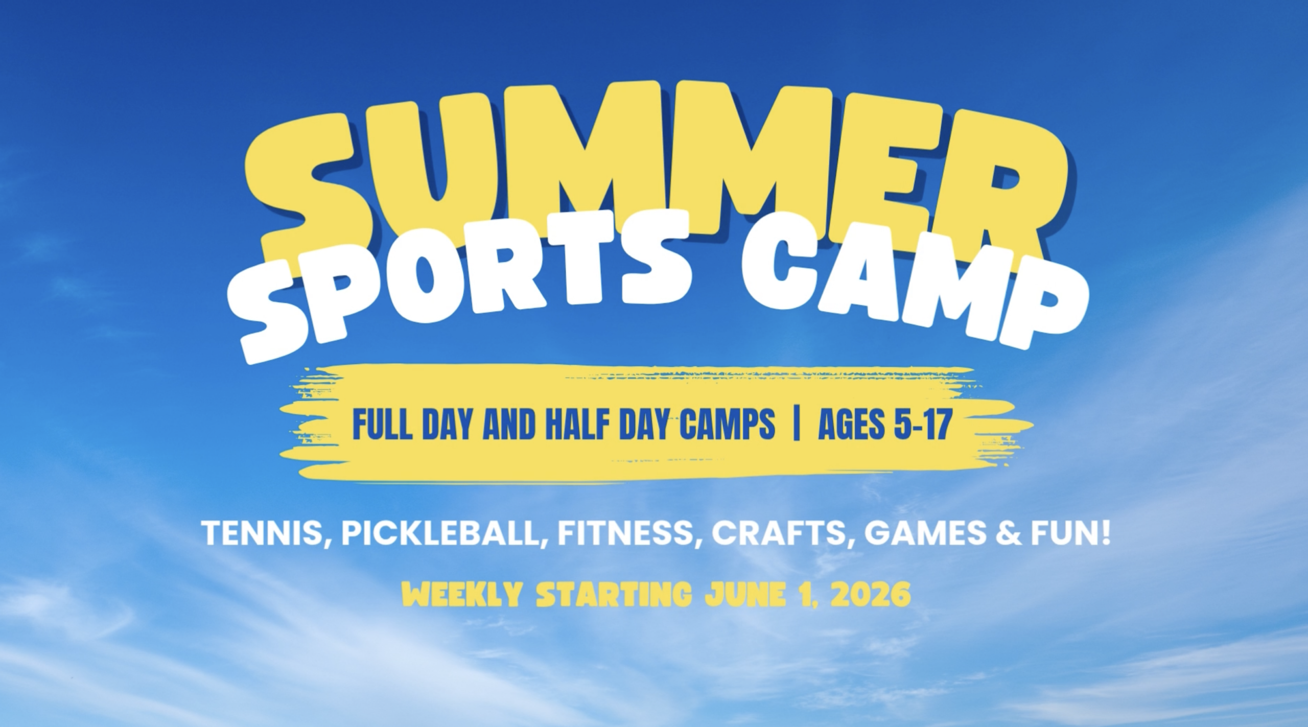 Summer sports camp flyer with blue sky background