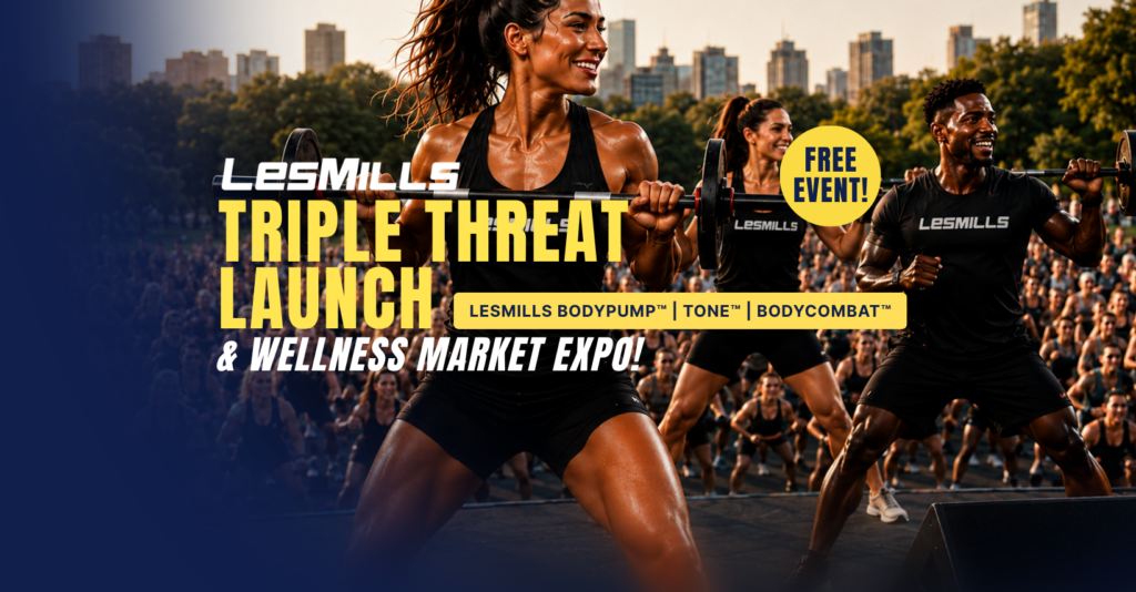 Outdoor Les Mills fitness event with barbell workout